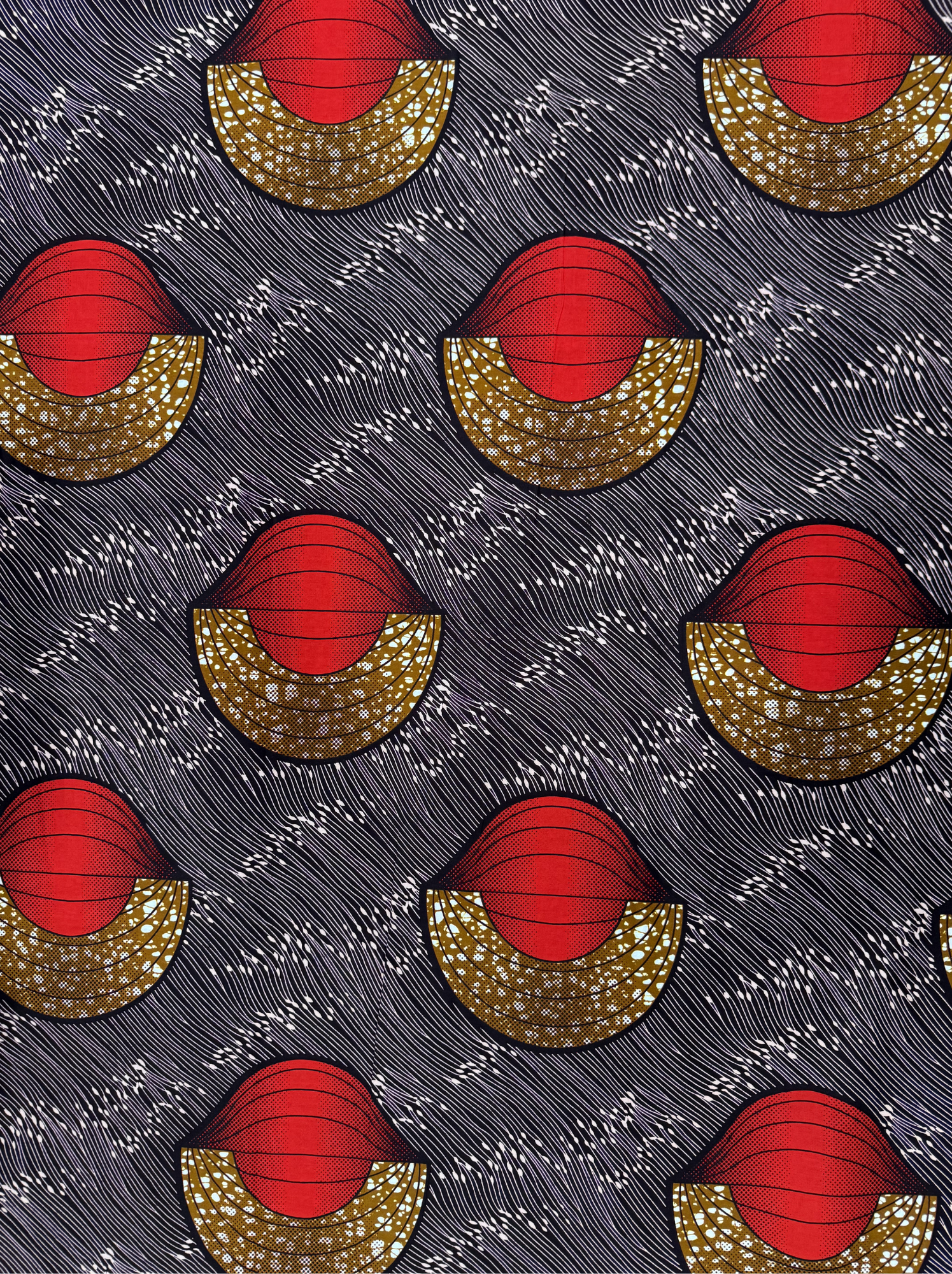 Modern Harmony: 100% Cotton Fabric with Red and Gold Semi-Circle Motifs