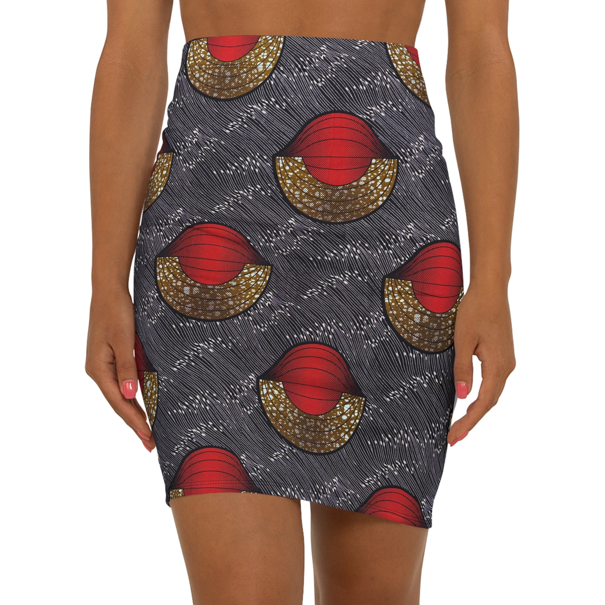 Modern Harmony: 100% Cotton Fabric with Red and Gold Semi-Circle Motifs