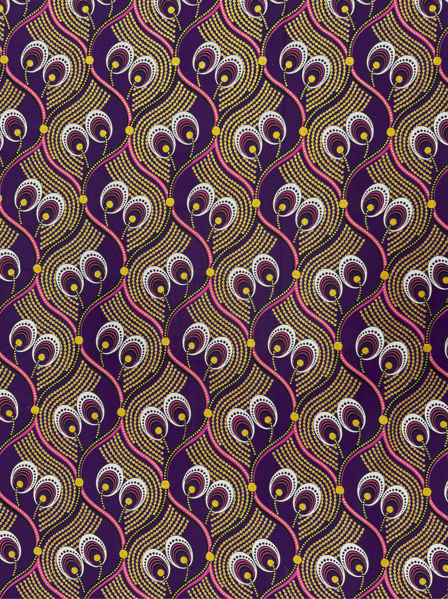 Regal Waves: 100% Cotton Fabric with Purple, Gold, and Pink Swirl Motifs