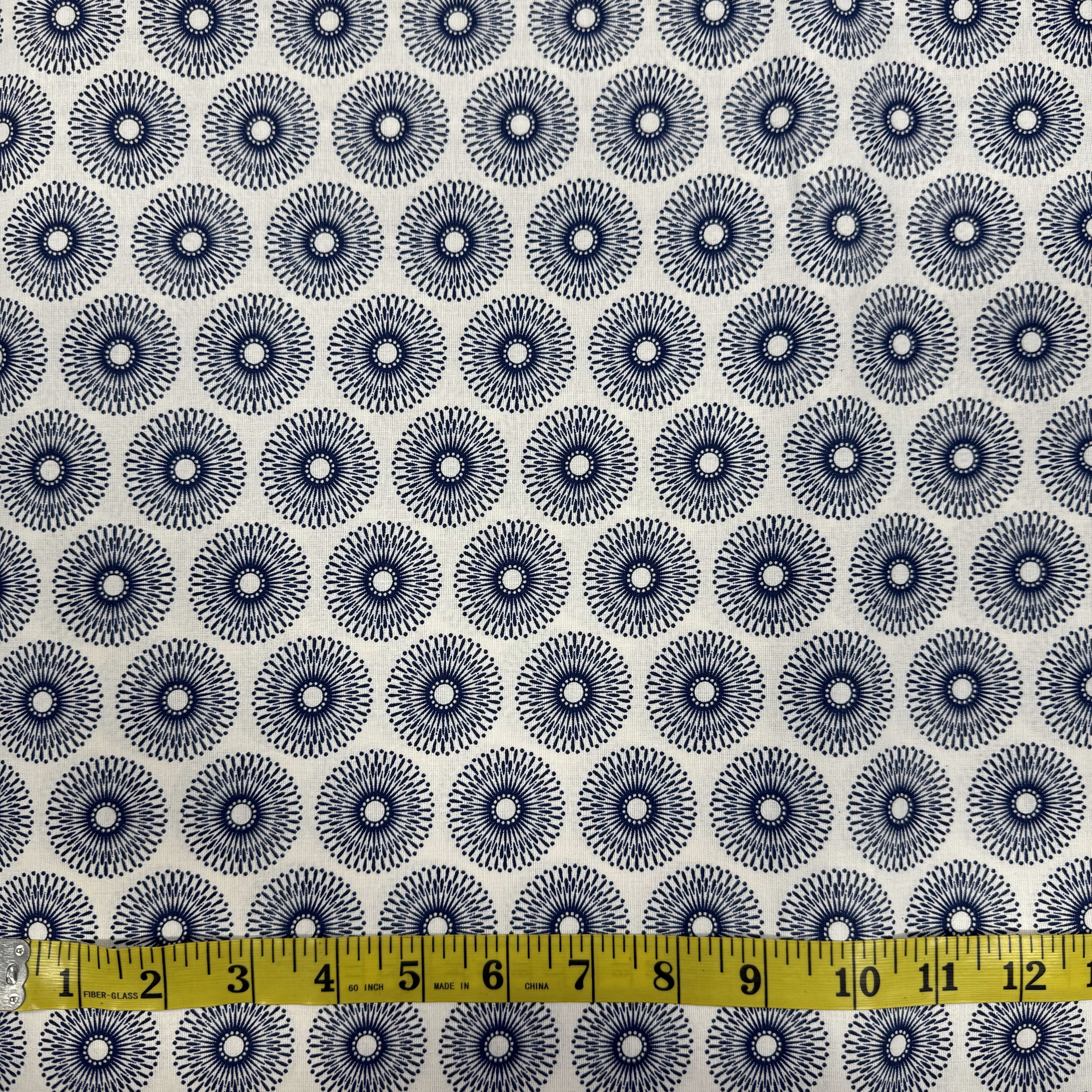 Crisp White Shweshwe Fabric – Radiating Blue Circle Design, 100% Cotton