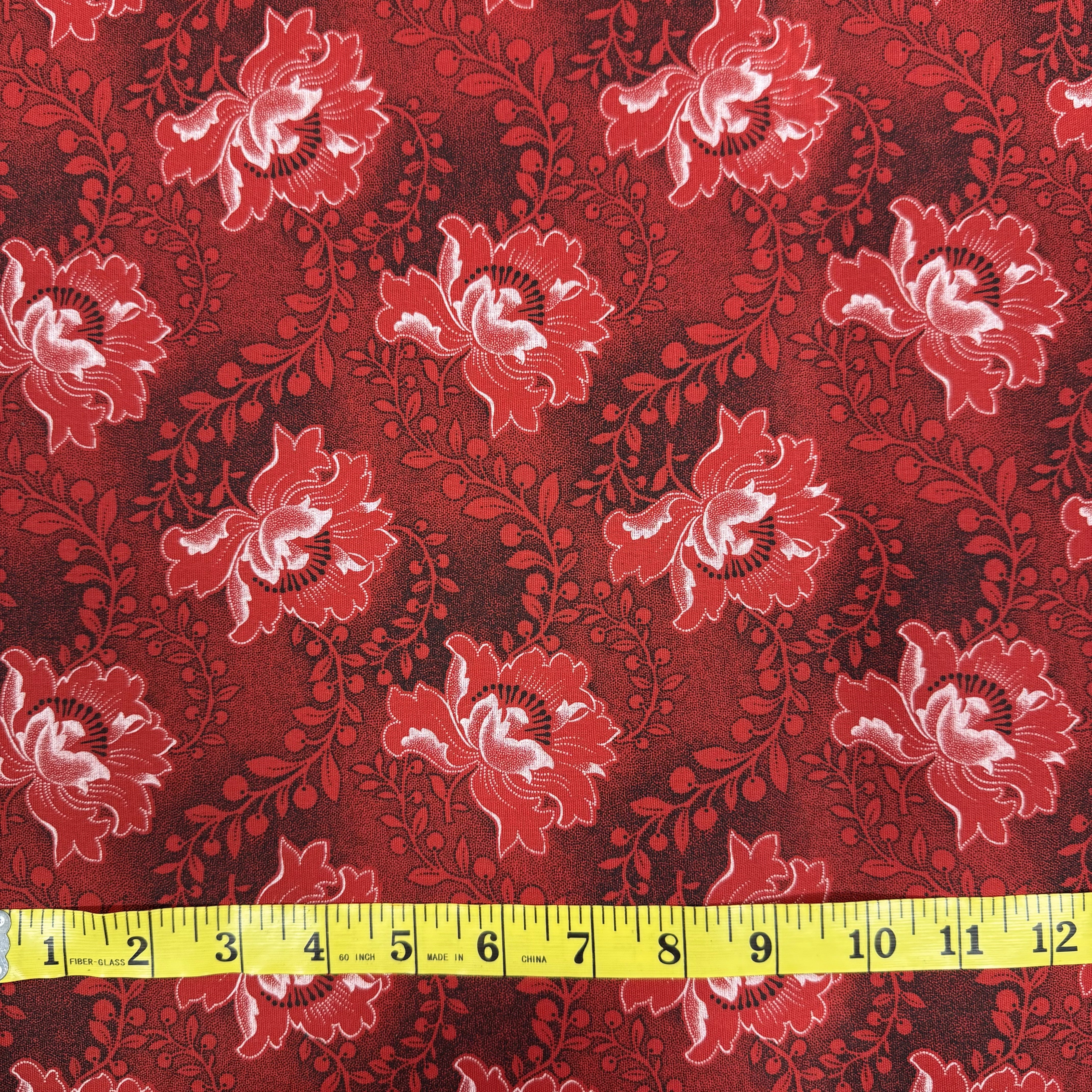 Elegant Red Floral Fabric – Intricate Blossom Design, 100% Cotton Material