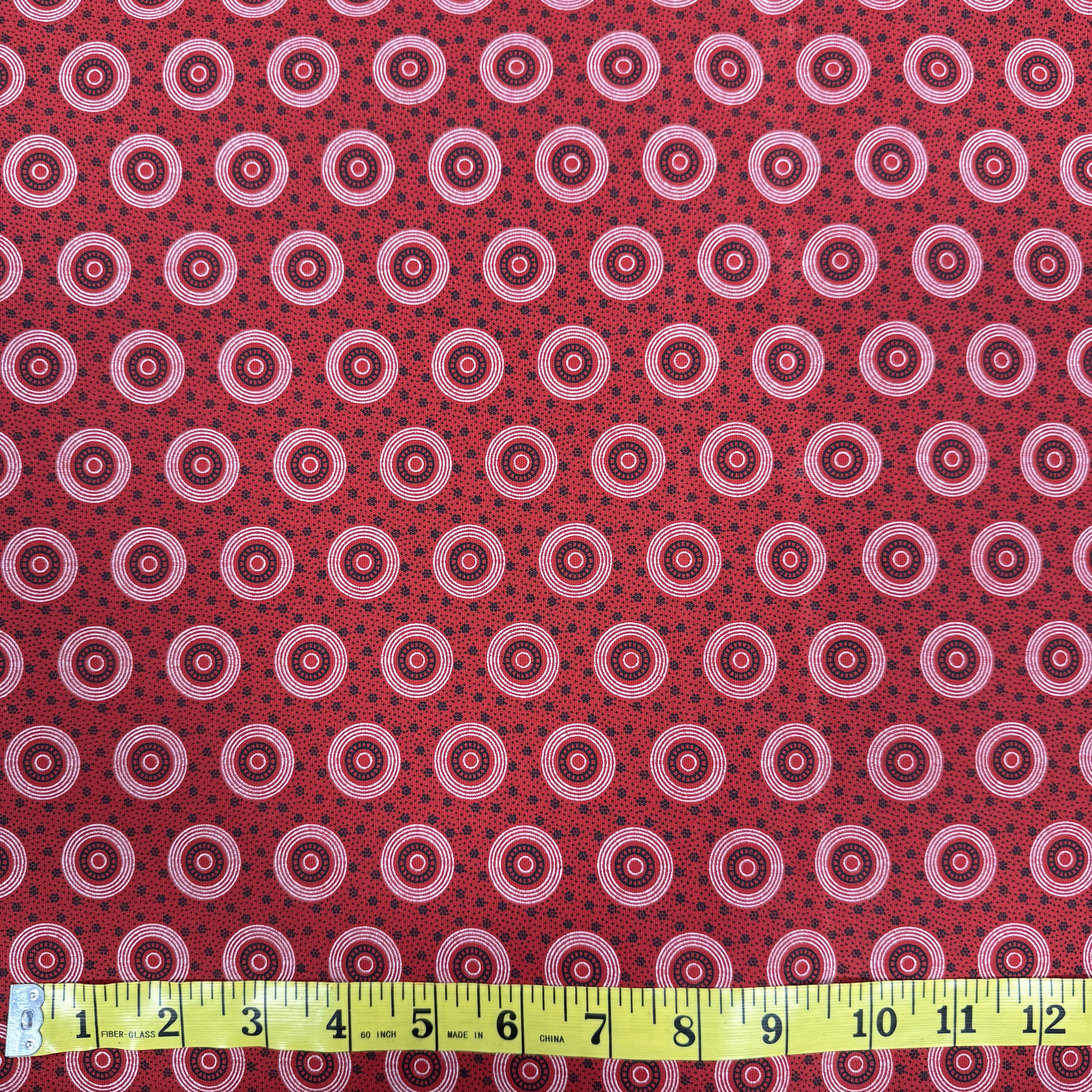 Rich Red Circular Pattern Fabric – Unique Geometric Design, 100% Cotton