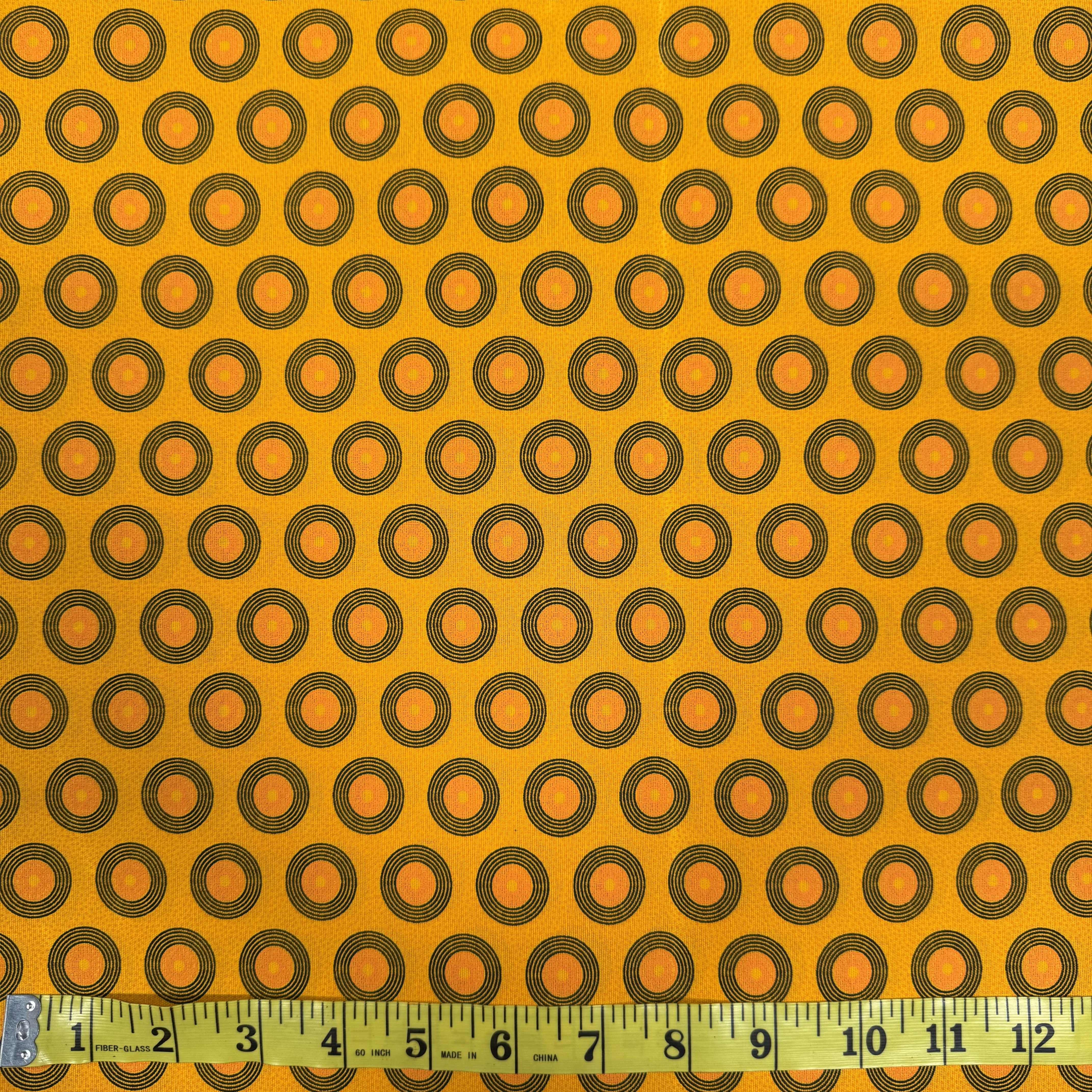 Bright Yellow Circular Pattern Fabric – Vibrant Geometric Design, Cotton