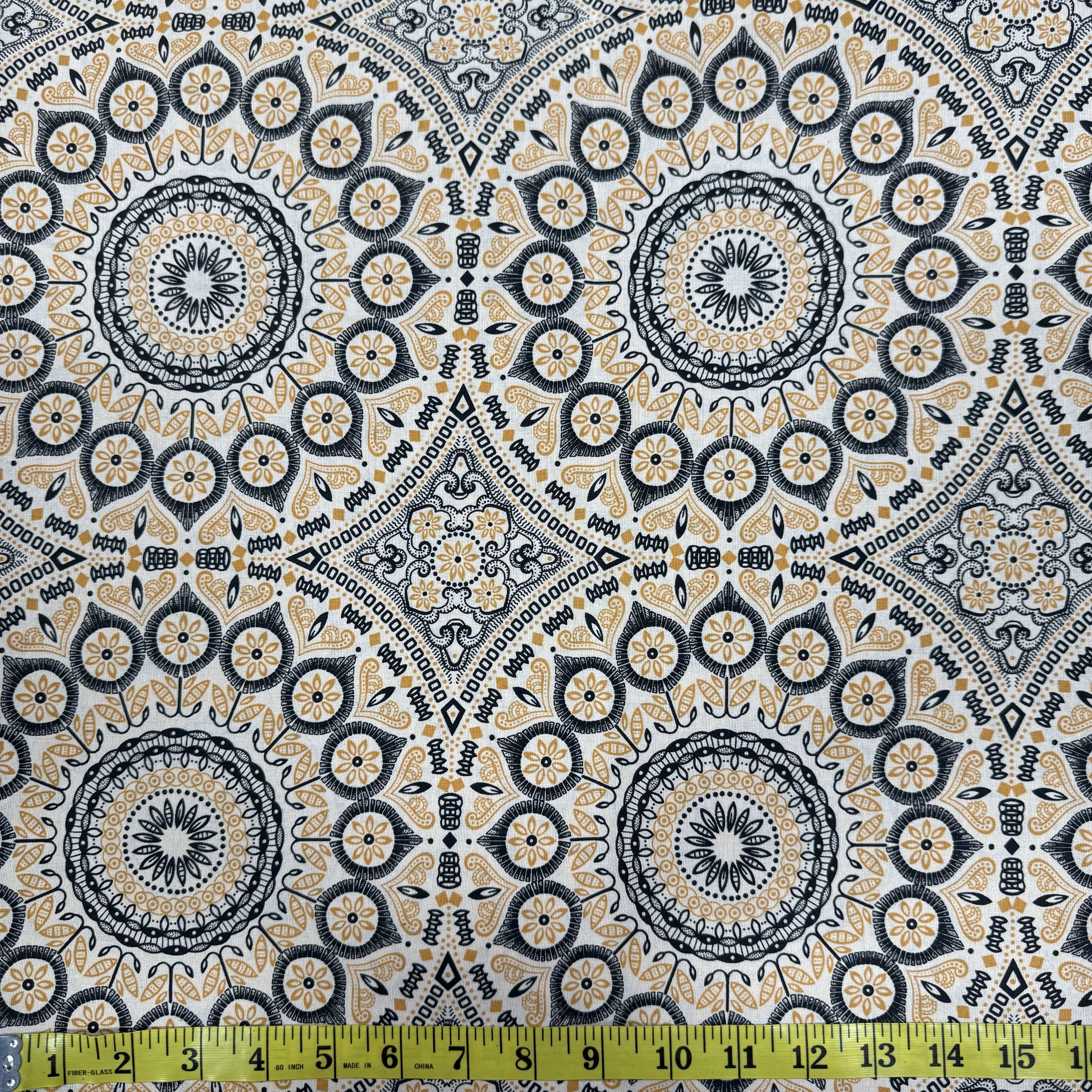 Elegant Black and Gold Mandala Fabric – Intricate Floral Design, Cotton