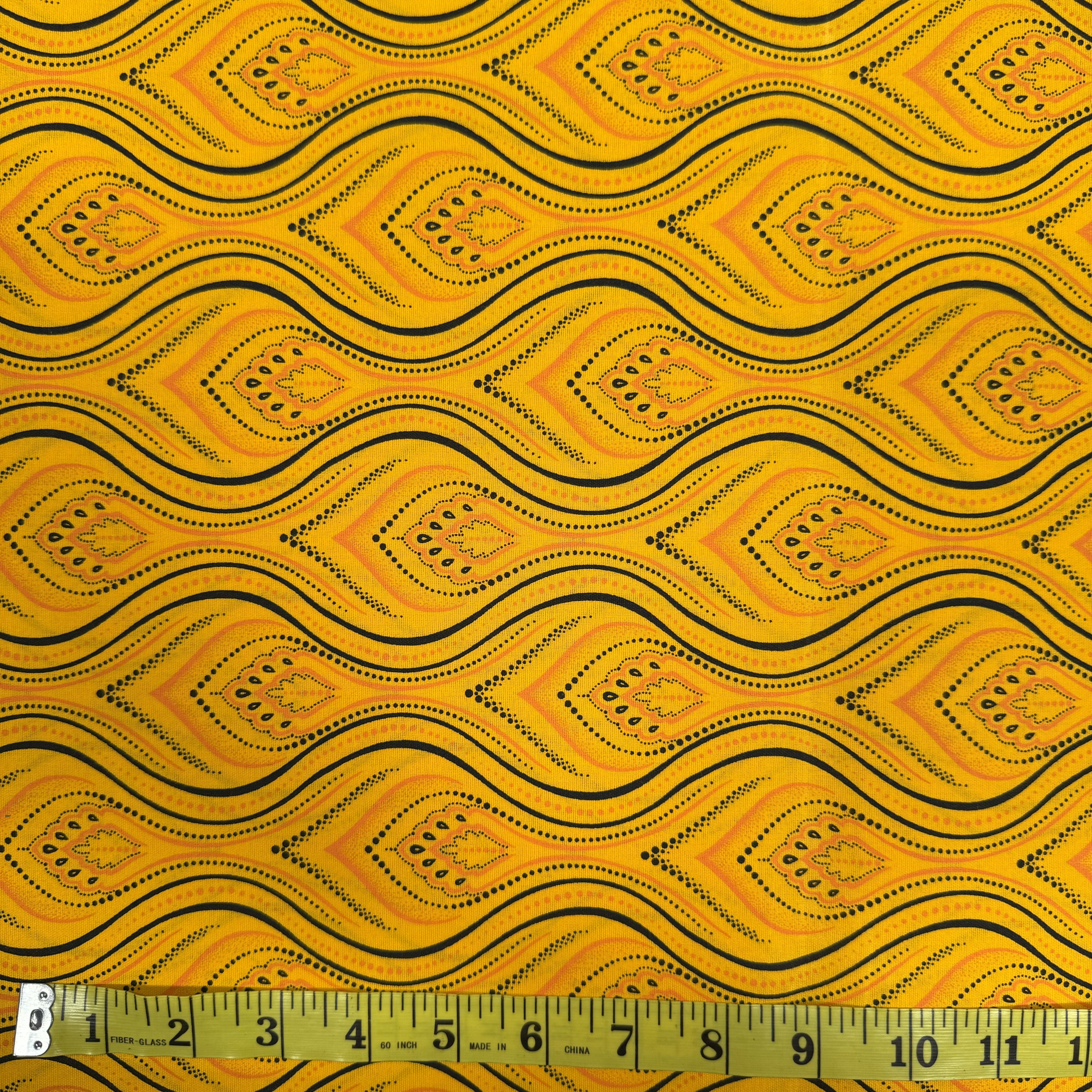 Golden Yellow Wave Pattern Fabric – Vibrant Geometric Design, 100% Cotton