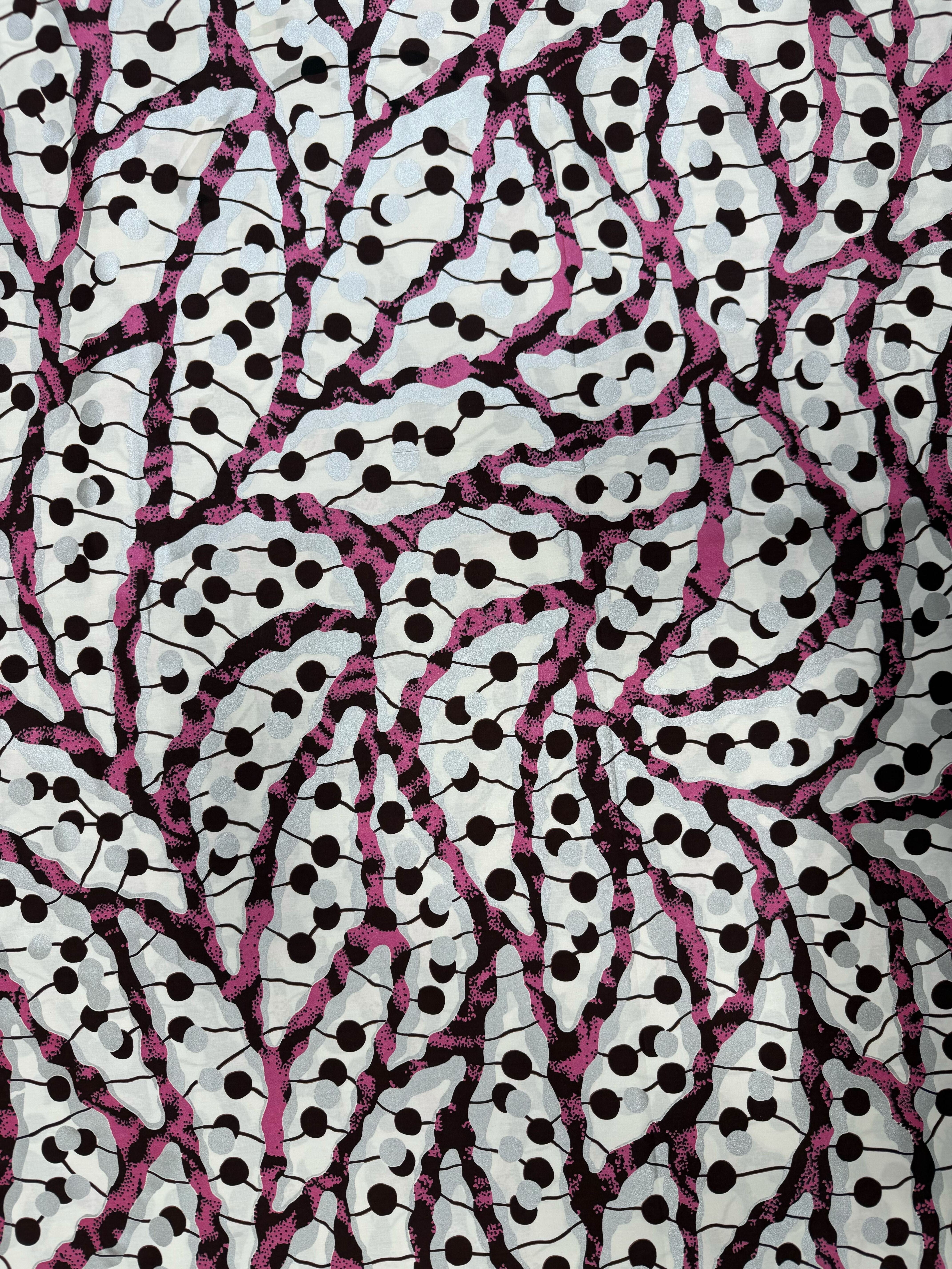 Pink Dotted Vines African Print Fabric - Elegant Abstract Design for Sewing