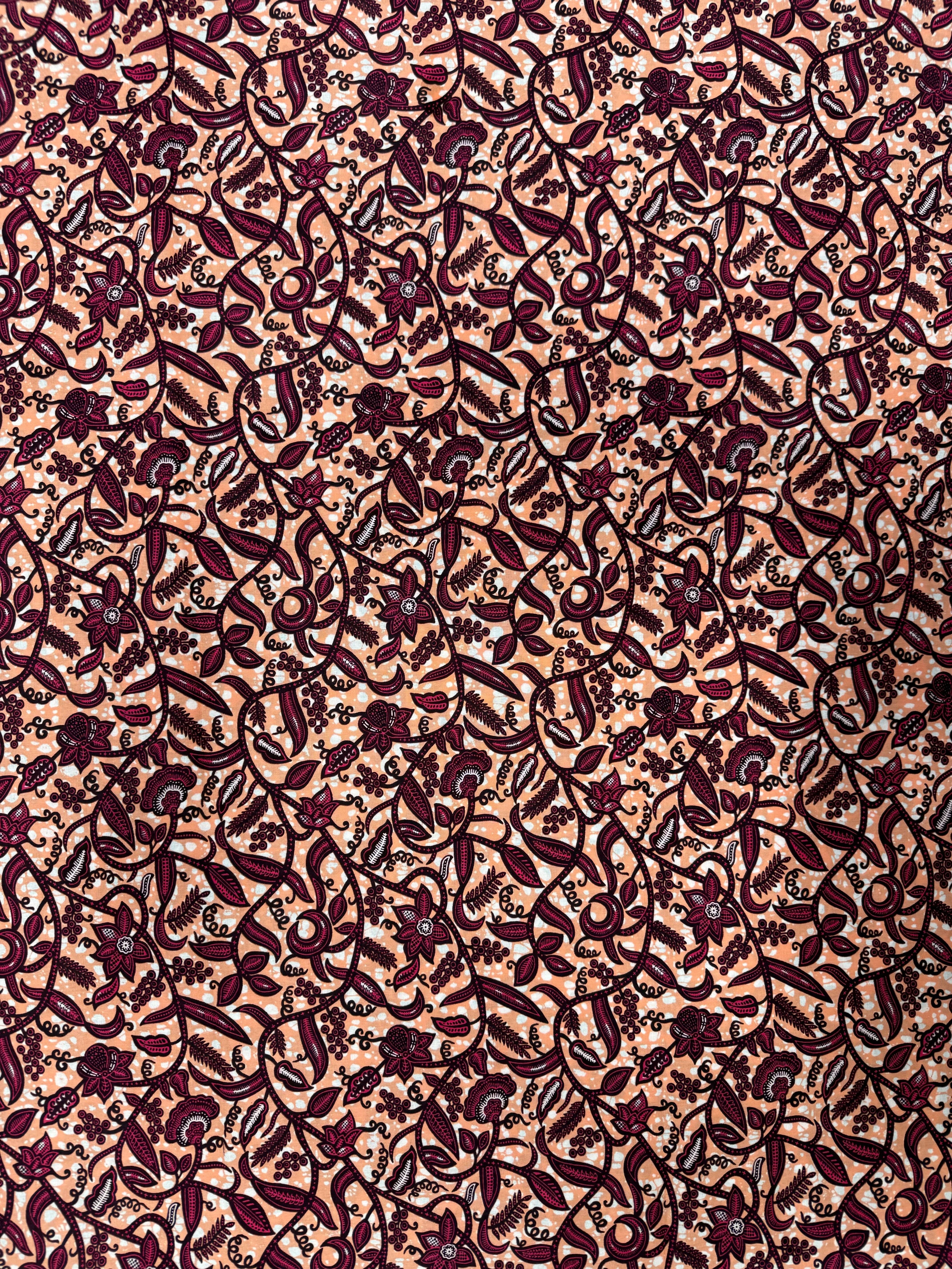 Floral Harmony African Print Fabric - Elegant Burgundy and Peach Design